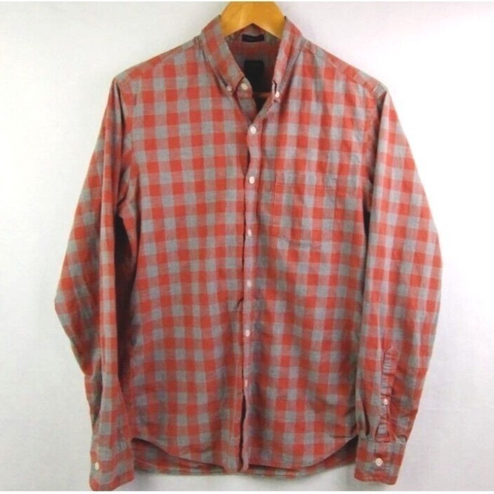 J.Crew Shirt Mens Medium Red Grey Gingham Plaid Button Down Slim Fit Preppy